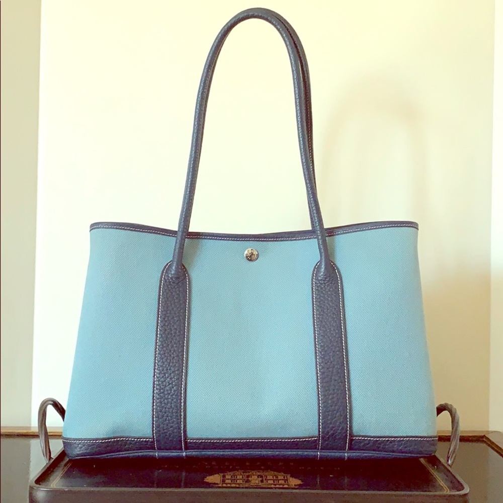 EUC Hermès Garden Party 36 Blue Canvas Navy Leathe